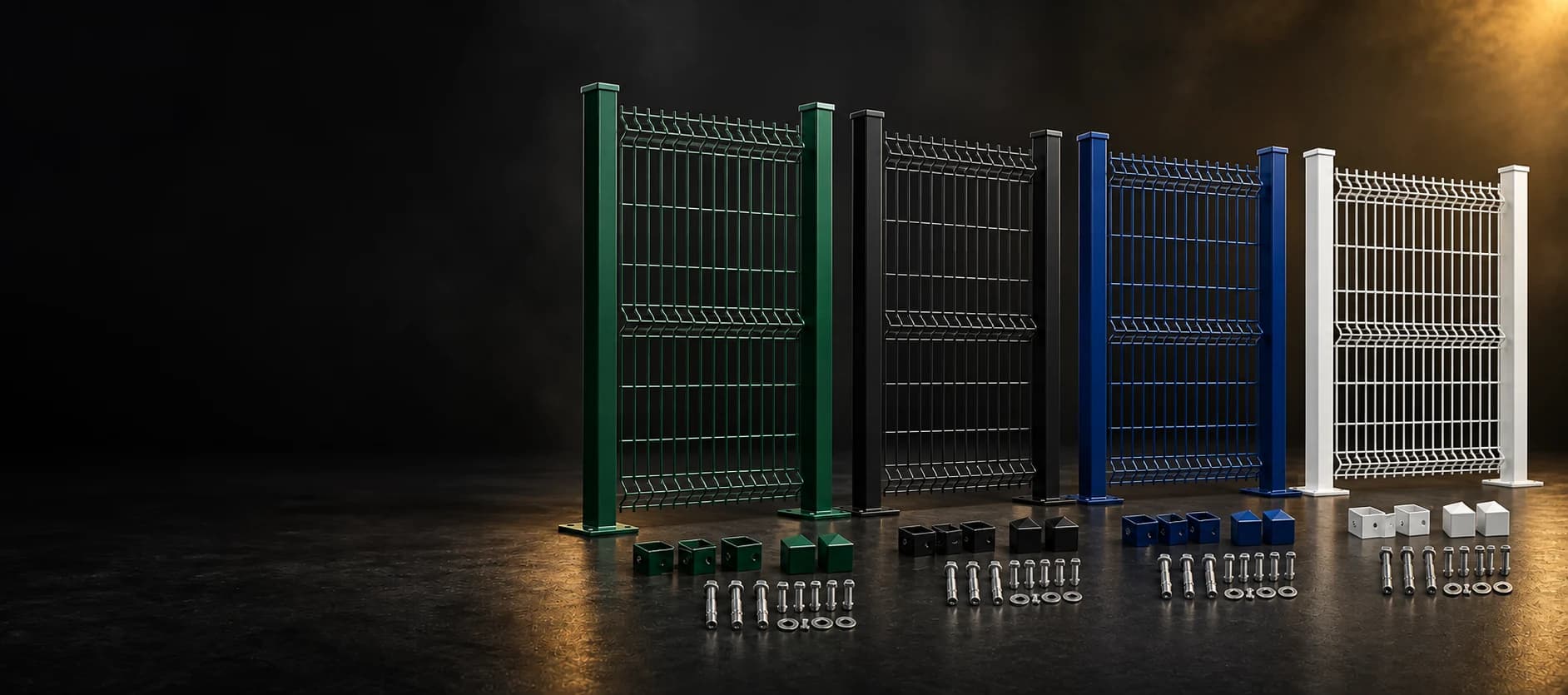 Sistema de gradil com painéis verde, preto, azul e branco, postes e acessórios de fixação