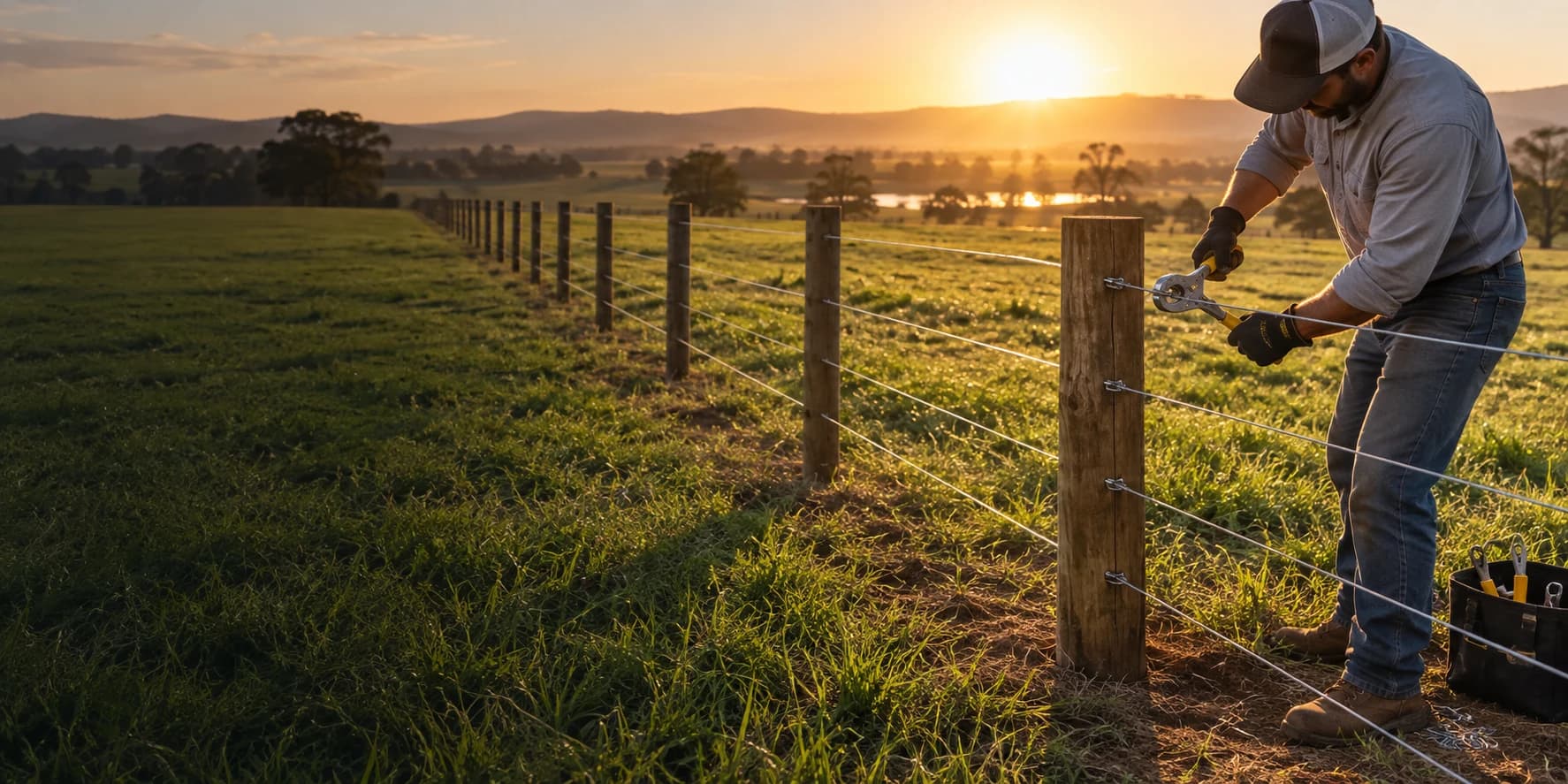Profissional instalando e tensionando arames finos em cerca rural